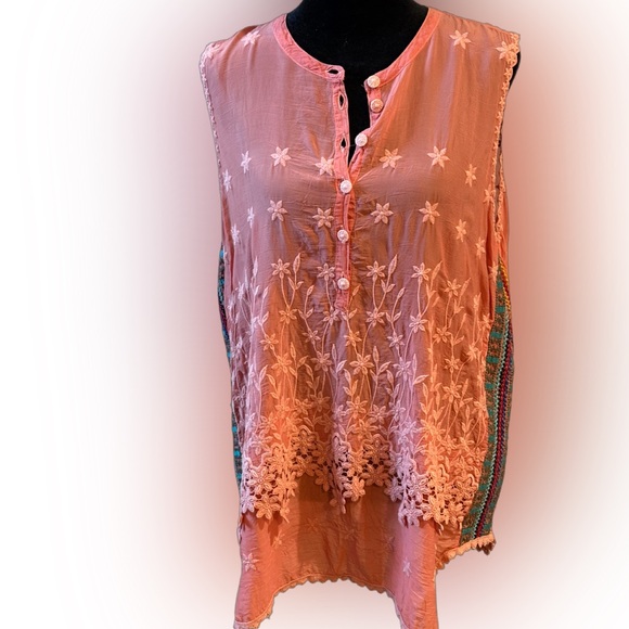 Johnny Was Tops - Like New Johnny Was! Orange button up sleeveless tunic embroidered sides size lg